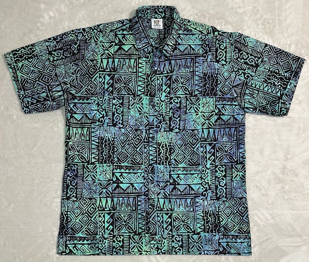 Rum Reggae Men's L Blue Green Tribal Hawaiian Aloha Camp Button Front Shirt